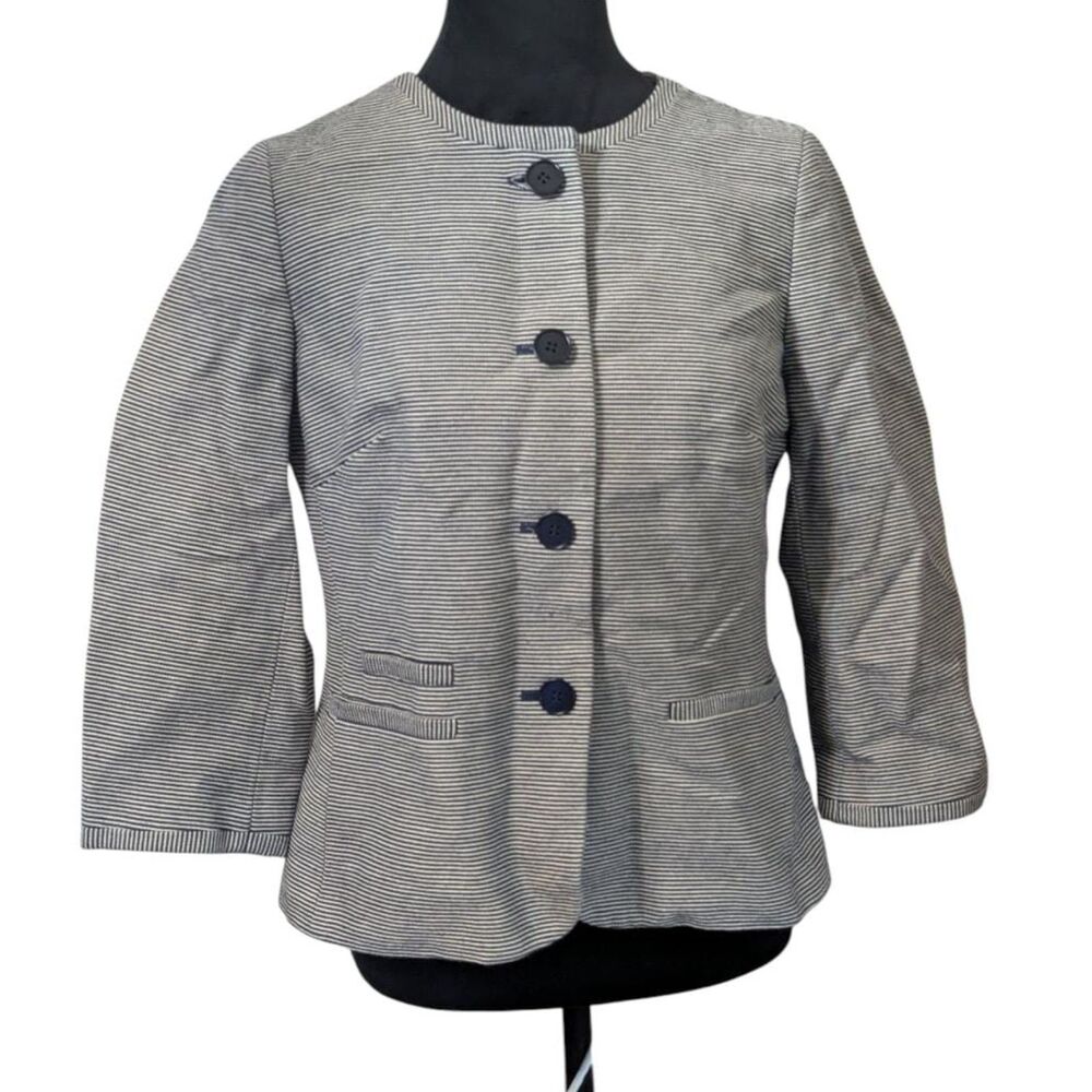 Talbots Petites 8P Striped Collarless Jacket Navy Blue Cropped Workwear